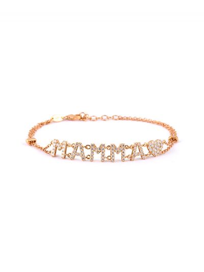 BRACCIALE IN ORO ROSA 18KT SCRITTA MAMMA E CUORE CON DIAMANTI BIANCHI