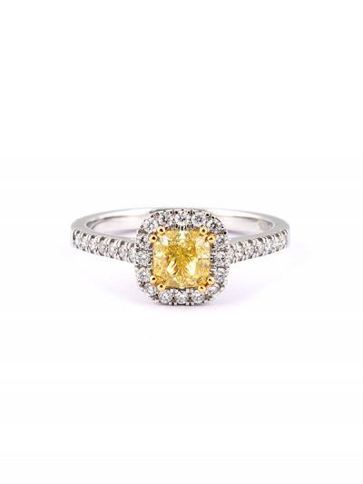 ANELLO IN ORO BIANCO 18KT CON DIAMANTE FANCY YELLOW E DIAMANTI