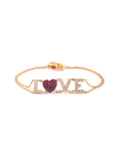 BRACCIALE IN ORO ROSA 18KT SCRITTA LOVE CON DIAMANTI BIANCHI E RUBINI