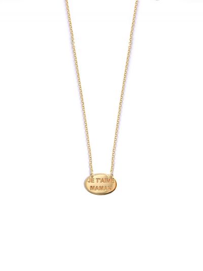 GIROCOLLO IN ORO GIALLO 9KT OVALE IN LASTRA SCRITTA JE T'AIME MAMAN